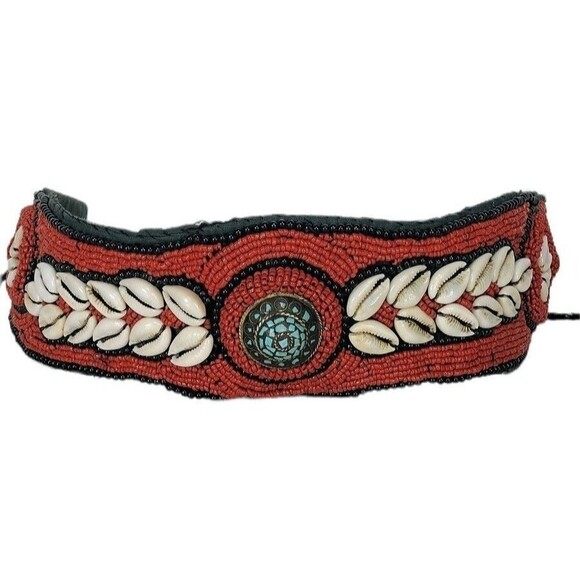 Vintage Ladakh Statement Belt Red Coral Seed Bead Turquoise Brass Cowry Shell - Picture 1 of 12